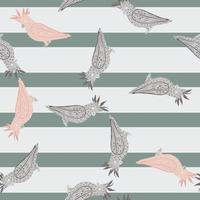 Doodle seamless pattern with grey and pink cockatoo parrot ornament. Striped light background. vector