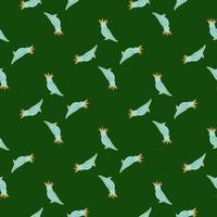 Bright blue cockatoo parrot silhouettes seamless doodle pattern. Green bright background. Simple design. vector