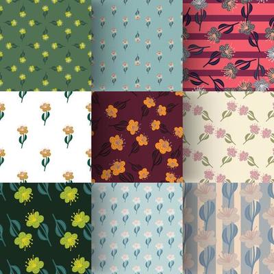 Set of botanic seamless pattern with isolated simple flower silhouettes print.
