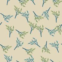 Random pastel tones seamless pattern with blue and green colored leaves branches shapes. Pink pale background. vector