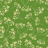 Bloom seamless pattern wirh random white gypsohila ornament. Flowers doodle print on green background. vector