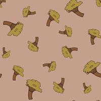 Random natural food seamless pattern with cantharellus cibarius mushroom elements. Pink background. vector