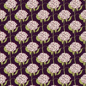 Hand drawn pink little hydrangea flower shapes seamless pattern. Dark background. Simple botany print. vector