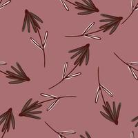 Seamless pattern with random outline flower doodle print. Dark pink background. Vintage botanic artwork. vector