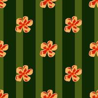 Abstract flora seamless pattern with orange flower bud elements. Green striped background. vector