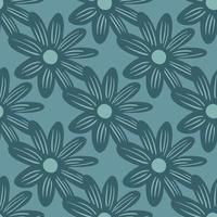 Seasonal seamless pattern with decorative daisy flowers print. Blue background. Blossom ornament. vector