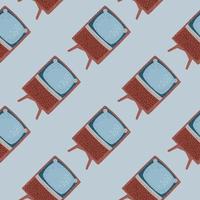 Simple doodle seamless pattern with brown vintage television print. Blue background. vector