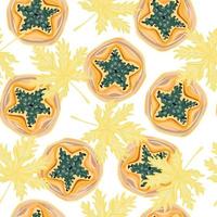 Tropical seamless pattern with slice papaya and leaves. Pawpaw wallpaper. vector