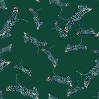 Random dark seamless pattern with cartoon blue tiger elements. Green background. Mammal backdrop. vector