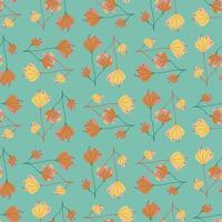 Orange and yellow flowers doodle seamless pattern. Botanic simple backdrop. Blue background. vector
