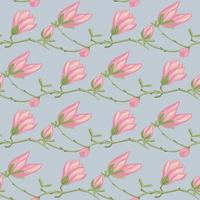 Seamless pattern Magnolias on blue background. Beautiful texture with spring pink flowers. vector