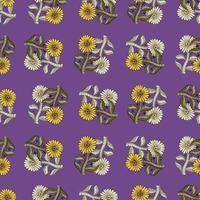 Plants seamless pattern with grey and yellow sunflower shapes print. Purple background. Bloom backdrop. vector