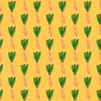 Bright summer seamless doodle pattern with green and pink colored tulip print. Yellow background. vector