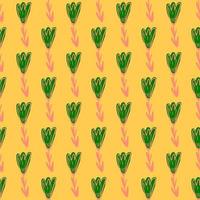 Bright summer seamless doodle pattern with green and pink colored tulip print. Yellow background. vector