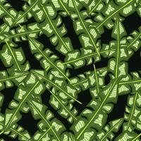 Decorative seamless pattern with random green tropic banana leaf shapes. Dark background. Simple print. vector