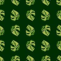 Botanic nature seamless pattern with green monstera hand drawn silhouettes. Dark green background. vector