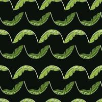 Contrast abstract seamless pattern with green doodle banana leaf elements print. Black background. vector