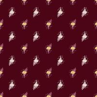 Seamless pattern with bouquets of small flowers on dark red background. Vector floral template in doodle style. Gentle summer botanical texture.