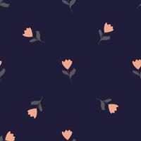 Pink bloom tulip flowers seamless pattern in hand drawn style. Navy blue background. Simple print. vector