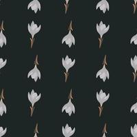 Dark tones botanic seamless pattern with light blue outline crocus flower shapes. Dark green background. vector
