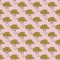 Forest autumn food seamless pattern with ocher simple cantharellus cibarius mushroom ornament. Pink background. vector