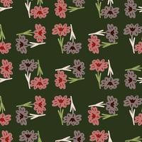 Seamless pattern with hand drawing wild flowers on green background. Vector floral template in doodle style. Gentle summer botanical texture.