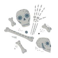 Composition from skulls and bones for festival on white background. Simple kit skeleton color gray sketch hand drawn in style doodle. vector