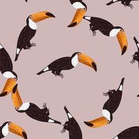 Seamless animal random pattern with black toucan bird print. Lilac background. Fauna hand drawn print. vector