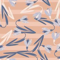 Random abstract botanic seamless pattern with blue snowdrop ornament. Pastel pink striped background. vector