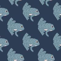 Hnad drawn seamless marine animal zoo pattern with doodle frogs elements. Navy blue background. vector