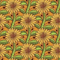 Botanic sunflower elements seamless pattern in hand drawn botany style. Orange background. Green leaves. vector