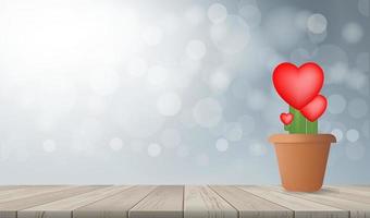 árbol de corazones en piso de madera. signo abstracto y símbolo de flor en maceta para el día de san valentín. flor de corazón rojo para el diseño de plantillas. vector. vector