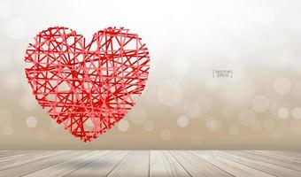 Abstract red heart floating over wooden texture background with light blurred bokeh. Vector. vector