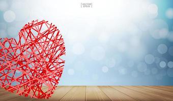 Abstract red heart floating over wooden texture background with light blurred bokeh. Vector. vector