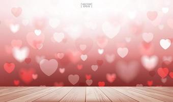 Abstract red heart background with wooden terrace for Valentines day. Abstract background and light blurred bokeh. Vector. vector