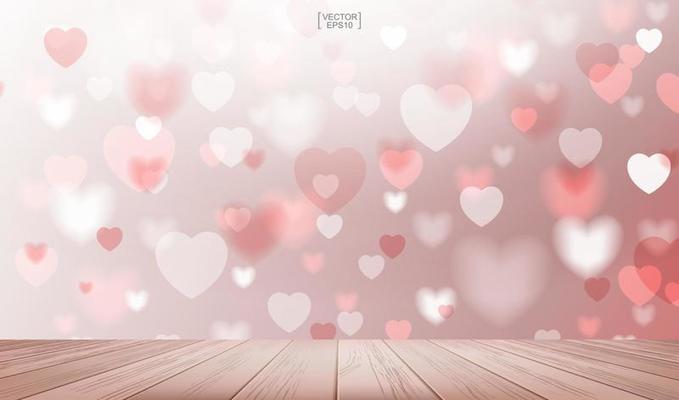 Wood floor with heart blurred background used for greeting card and wedding card. Vector.