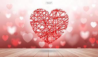 Abstract background of red heart floating over wooden texture with light blurred bokeh. Vector. vector