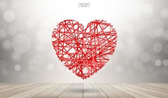 Abstract red heart floating over wooden texture background with light blurred bokeh. Vector. vector