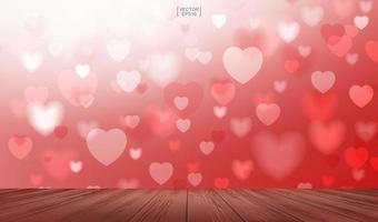 Abstract red heart background with wooden terrace for Valentines day. Abstract background and light blurred bokeh. Vector. vector