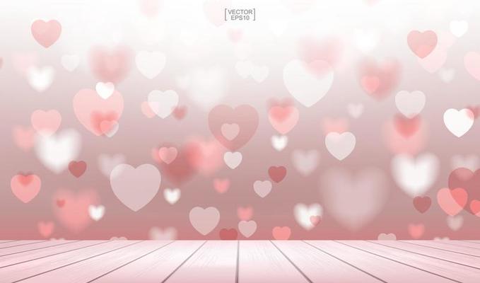 Abstract red heart background with wooden terrace for Valentines day. Abstract background and light blurred bokeh. Vector.