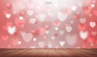 Abstract red heart background with wooden terrace for Valentines day. Abstract background and light blurred bokeh. Vector. vector