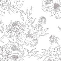 Seamless pattern with outlined flowers, peonieas and dahlias, leaves vector