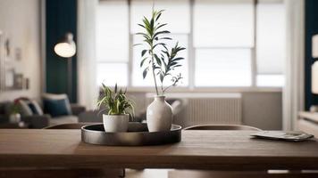 planta de casa com vaso de flores branco na mesa de madeira video