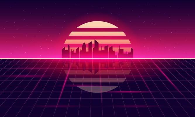 Retro Sci-Fi Background Futuristic Grid landscape , 90's .
