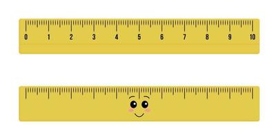 Cute wooden or plastic ruler measure instrument kawaii isolated on white background. Yellow school measuring ruler in centimeters scale. Vector flat illustration
