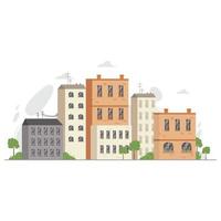 Urban landscape or cityscape with residential houses of different sizes. City, big town, metropolis concept. Vector illustration in flat style.