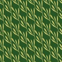 Creative seamless pattern with beige little leaves branches silhouettes. Green background. Doodle backdrop. vector