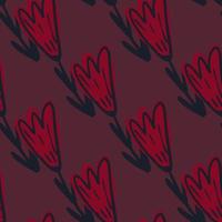 Simple minimalistic seamless pattern with tulip hand drawn flower shapes. Dark pink palette. vector