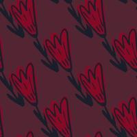 Simple minimalistic seamless pattern with tulip hand drawn flower shapes. Dark pink palette. vector