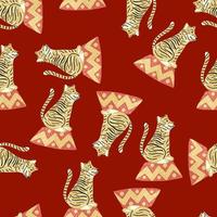 Bright zoo seamless pattern with cartoon tiger creative backdrop. Red dark background. Animal artwork. vector